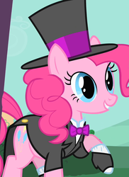 Size: 524x720 | Tagged: safe, screencap, pinkie feather, pinkie pie, g4, party of one, bowtie, clothes, cute, female, hat, outfit catalog, pinkiebetes, shirt, solo, spats, tailcoat, top hat, tuxedo