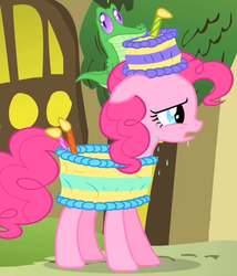 Size: 450x525 | Tagged: safe, screencap, gummy, pinkie pie, alligator, earth pony, pony, g4, party of one, season 1, cake, cake costume, clothes, cold opening, costume, food, food costume, hat, outfit catalog, singing telegram