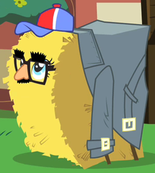 Size: 300x337 | Tagged: safe, screencap, pinkie pie, g4, party of one, clothes, costume, disguise, female, groucho mask, hay bale, hay guise, outfit catalog, solo