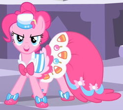 Size: 378x337 | Tagged: safe, screencap, pinkie pie, earth pony, pony, g4, the best night ever, bow, clothes, dress, female, gala dress, hat, outfit catalog, solo