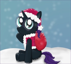 Size: 1024x917 | Tagged: safe, artist:041744, oc, oc only, oc:nyx, alicorn, pony, alicorn oc, christmas, clothes, costume, hat, holiday, nyxmas, santa costume, santa hat, sitting, snow, snowfall, solo