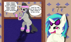 Size: 749x446 | Tagged: dead source, safe, artist:matt-doyle, dj pon-3, octavia melody, vinyl scratch, g4, dead or alive, exercise, headband, ipod, sweatband