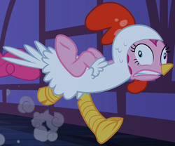 Size: 721x599 | Tagged: safe, screencap, pinkie pie, chicken, earth pony, pony, g4, luna eclipsed, animal costume, bipedal, bird costume, chicken pie, chicken suit, clothes, costume, cropped, female, mare, outfit catalog, solo