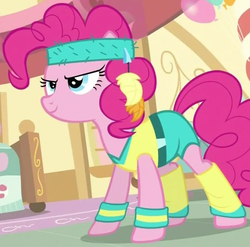 Size: 580x573 | Tagged: safe, screencap, pinkie pie, a friend in deed, g4, armband, clothes, female, headband, leg warmers, outfit catalog, solo, workout outfit