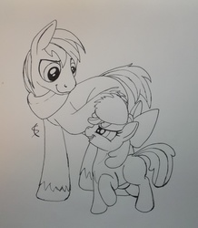 Size: 2800x3216 | Tagged: safe, artist:scribblepwn3, apple bloom, big macintosh, earth pony, pony, brotherhooves social, g4, high res, male, monochrome, pen drawing, stallion, traditional art