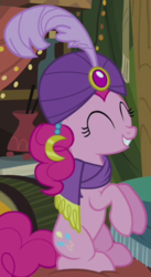 Size: 252x460 | Tagged: safe, screencap, pinkie pie, earth pony, pony, g4, it's about time, clothes, cropped, eyes closed, female, madame pinkie, mare, outfit catalog, solo, turban