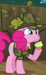 Size: 418x686 | Tagged: safe, screencap, pinkie pie, earth pony, pony, dragon quest, g4, camouflage, chewing, clothes, cropped, cupcake, eating, female, food, hat, mare, outfit catalog, puffy cheeks, shirt, solo