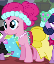 Size: 297x354 | Tagged: safe, screencap, pinkie pie, spike, twilight sparkle, a canterlot wedding, g4, bridesmaid, bridesmaid dress, bridesmaid pinkie, clothes, dress, flower, flower in hair, jewelry, necklace, outfit catalog, tuxedo