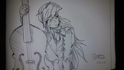 Size: 1200x675 | Tagged: safe, artist:rikkute98, octavia melody, human, g4, cello, clothes, female, humanized, musical instrument, signature, sketch, solo