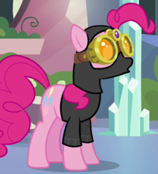 Size: 400x443 | Tagged: safe, screencap, pinkie pie, earth pony, pony, g4, season 3, the crystal empire, clothes, costume, disguise, female, goggles, outfit catalog, pinkie spy, solo, spy