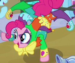 Size: 515x430 | Tagged: safe, screencap, pinkie pie, earth pony, pony, g4, the crystal empire, bowtie, clothes, costume, face paint, female, jester, jester pie, mare, outfit catalog, solo, standing, standing on one leg