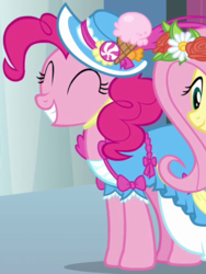 Size: 435x578 | Tagged: safe, screencap, fluttershy, pinkie pie, g4, magical mystery cure, bow, clothes, coronation dress, dress, hat, outfit catalog