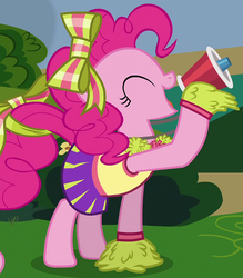 Size: 427x488 | Tagged: safe, screencap, pinkie pie, earth pony, pony, g4, rainbow falls, bow, cheerleader, cheerleader pinkie, clothes, cute, diapinkes, eyes closed, female, hair bow, mare, megaphone, outfit catalog, pom pom, skirt, solo, tail bow