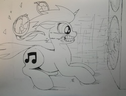 Size: 4104x3130 | Tagged: safe, artist:scribblepwn3, dj pon-3, vinyl scratch, pony, unicorn, g4, bass cannon, drool, female, monochrome, pen drawing, solo, subwoofer, traditional art