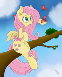 Size: 1614x2000 | Tagged: safe, artist:dfectivedvice, artist:dragonfoorm, fluttershy, butterfly, pony, g4, belly button, cloud, female, sitting, solo, tree branch