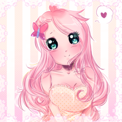 Size: 1000x1000 | Tagged: safe, artist:a-clash-of-kings, fluttershy, human, g4, blushing, clothes, dress, female, heart, heart eyes, humanized, looking at you, smiling, solo, wingding eyes