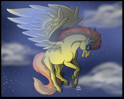 Size: 600x480 | Tagged: safe, artist:vargpaw, spitfire, g4, cloud, female, flying, goggles, hoers, night, realistic, realistic anatomy, realistic horse legs, solo, unshorn fetlocks