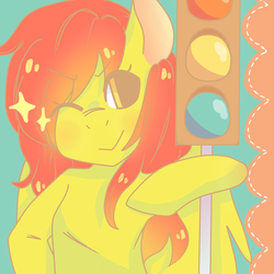 Size: 800x800 | Tagged: safe, artist:lolly-jpg, spitfire, pegasus, pony, g4, female, semaphore, smiling, solo, traffic light, wink