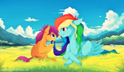 Size: 2462x1440 | Tagged: safe, artist:loukaina, rainbow dash, scootaloo, g4, cutie mark, hair bite, meadow, prone, scenery, the cmc's cutie marks