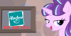 Size: 784x398 | Tagged: safe, screencap, starlight glimmer, g4, season 5, the cutie map, buy our toys, capitalism, capitalist communist, female, hasbro, hasbro logo, image macro, lecture, meme, solo, starlight's picture frame