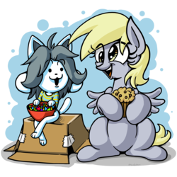 Size: 2000x2000 | Tagged: safe, artist:studlyhorn, derpy hooves, pegasus, pony, temmie, g4, :3, crossover, female, food, happy, high res, mare, muffin, open mouth, sitting, smiling, tem shop, temderpy, temmie flakes, undertale