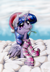 Size: 1652x2328 | Tagged: safe, artist:studlyhorn, twilight sparkle, alicorn, pony, g4, clothes, female, hat, mare, mistletoe, mouth hold, santa hat, scarf, snow, solo, traditional art, twilight sparkle (alicorn)