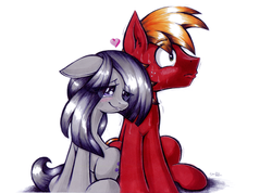 Size: 2311x1646 | Tagged: safe, artist:studlyhorn, big macintosh, marble pie, earth pony, pony, g4, blushing, heart, male, ship:marblemac, shipping, shivering, simple background, sitting, smiling, stallion, straight, traditional art