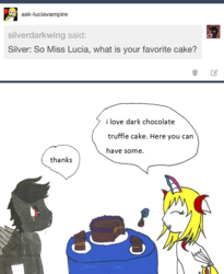 Size: 728x889 | Tagged: safe, artist:ask-luciavampire, oc, oc only, oc:lucia nightblood, oc:silver darkwing, alicorn, pegasus, pony, vampire, vampony, tumblr:ask-luciavampire, alicorn oc, cake, cake slice, choker, deviantart, dialogue, duo, food, fork, levitation, magic, pegasus oc, telekinesis, two toned magic