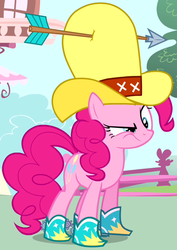 Size: 467x661 | Tagged: safe, screencap, pinkie pie, earth pony, pony, g4, pinkie pride, arrow through hat, boots, cowboy boots, female, hat, mare, outfit catalog, solo