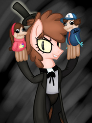 Size: 1536x2048 | Tagged: safe, artist:airfly-pony, rcf community, bill cipher, bipper, crossover, dipper pines, gravity falls, mabel pines, male, ponified, sock opera, sock puppet