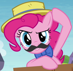 Size: 509x496 | Tagged: safe, screencap, pinkie pie, g4, trade ya!, bowtie, fake moustache, female, hat, outfit catalog, solo