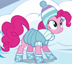 Size: 510x454 | Tagged: safe, screencap, pinkie pie, earth pony, pony, g4, tanks for the memories, boots, clothes, cropped, female, hat, mare, outfit catalog, solo, sweater, winter outfit