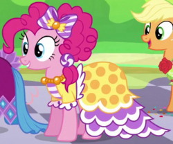 Size: 387x322 | Tagged: safe, screencap, applejack, pinkie pie, g4, make new friends but keep discord, bow, clothes, cropped, dress, gala dress, hair bow, jewelry, necklace, outfit catalog