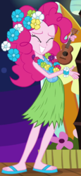 Size: 366x799 | Tagged: safe, screencap, pinkie pie, equestria girls, g4, my little pony equestria girls: rainbow rocks, shake your tail, clothes, cute, diapinkes, feet, female, floral necklace, flower, flower in hair, grass skirt, hula, hulapie, lei, musical instrument, outfit catalog, sandals, skirt, solo, ukulele