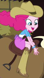 Size: 400x704 | Tagged: safe, screencap, pinkie pie, equestria girls, g4, rainbow rocks, shake your tail, boots, bracelet, bucking bronco, clothes, cowboy boots, cowboy hat, cowgirl, cowgirl boots, cowgirl outfit, female, hat, high heel boots, mechanical bull, outfit catalog, rodeo, shirt, shoes, skirt, solo, teenager, vest