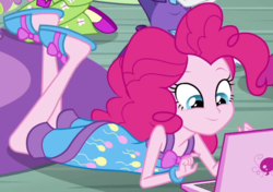 Size: 527x372 | Tagged: safe, screencap, pinkie pie, equestria girls, g4, rainbow rocks, clothes, computer, cropped, female, laptop computer, outfit catalog, pajamas, slippers, solo