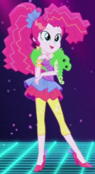 Size: 467x860 | Tagged: safe, screencap, gummy, pinkie pie, equestria girls, friendship through the ages, g4, my little pony equestria girls: rainbow rocks, 80s hair, bare shoulders, clothes, dress, female, high heels, leggings, new wave pinkie, outfit catalog, plushie, plushie on shoulder, rah rah skirt, shoes, shutter shades, skirt, sleeveless, sleeveless dress, solo, strapless, strapless dress, sunglasses