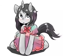 Size: 500x447 | Tagged: artist needed, safe, oc, oc only, oc:hyperion, pony, unicorn, :i, blushing, clothes, crossdressing, cute, dress, kneeling, looking at you, male, serious face, solo, trap