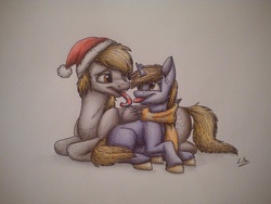 Size: 3200x2400 | Tagged: safe, artist:lupiarts, derpy hooves, dinky hooves, pegasus, pony, g4, advent calendar, candy, candy cane, christmas, clothes, female, food, hat, high res, mare, mother and daughter, prone, santa hat, scarf, tongue out, traditional art