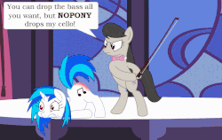 Size: 1200x757 | Tagged: safe, artist:951oemorafla, dj pon-3, octavia melody, vinyl scratch, earth pony, pony, unicorn, g4, abuse, angry, animated, bow (instrument), bowtie, caning, drop the bass, female, mare, missing accessory, public humiliation, pun, punishment, reddened butt, spanking, stage, switch, torture, vinylbuse, whip marks, wrong eye color