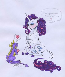 Size: 1024x1201 | Tagged: safe, artist:sagastuff94, rarity, spike, classical unicorn, g4, alternate hairstyle, female, heart, horn, leonine tail, male, ship:sparity, shipping, straight, traditional art, watermark
