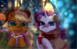 Size: 2200x1400 | Tagged: safe, artist:my-magic-dream, applejack, rarity, g4, clothes, earmuffs, female, jacket, lesbian, ship:rarijack, shipping, winter