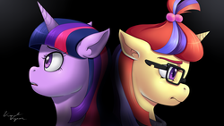 Size: 1024x576 | Tagged: safe, artist:vividvapor, moondancer, twilight sparkle, after the fact, amending fences, g4, glasses, title card