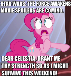 Size: 785x832 | Tagged: safe, screencap, pinkie pie, g4, the one where pinkie pie knows, celestia worship, female, golden oaks chandelier, hyperventilating, image macro, implied princess celestia, meme, panic, prayer, solo, spoilers in the comments, star wars, star wars: the force awakens, text, twilight's castle