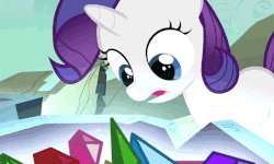 Size: 820x493 | Tagged: safe, screencap, rarity, pony, unicorn, g4, season 1, the cutie mark chronicles, animated, blank flank, blinking, cute, female, filly, filly rarity, gem, gif, happy, open mouth, raribetes, smiling, solo, younger