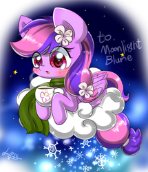 Size: 1024x1191 | Tagged: safe, artist:flappy27, oc, oc only, oc:moonlight blossom, chocolate, clothes, cloud, flower, food, hot chocolate, mug, night, scarf, snow, snowfall, solo, stars