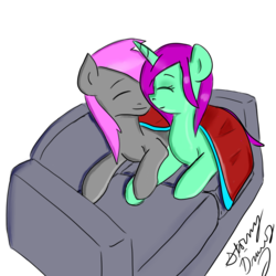 Size: 8200x8200 | Tagged: safe, artist:stormy-draws, oc, oc only, oc:boom, oc:stormy, absurd resolution, couch, cuddling, holding hooves, prone, snuggling