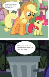 Size: 622x980 | Tagged: safe, screencap, apple bloom, applejack, crusaders of the lost mark, g4, made in manehattan, applejack's hat, applejack's hat's death, cowboy hat, hat, trash can