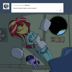 Size: 916x916 | Tagged: safe, artist:tjpones, sunset shimmer, twilight sparkle, pony, equestria girls, g4, ask, astronaut, cute, earth, eyes closed, female, floating, happy, pillow, plushie, pony plushie, shimmerbetes, sleeping, solo, space, space station, spacesuit, tumblr, zero gravity