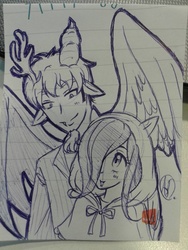 Size: 960x1280 | Tagged: safe, artist:nekomash, discord, fluttershy, human, g4, couple, female, humanized, lined paper, love, male, monochrome, ship:discoshy, shipping, straight, traditional art